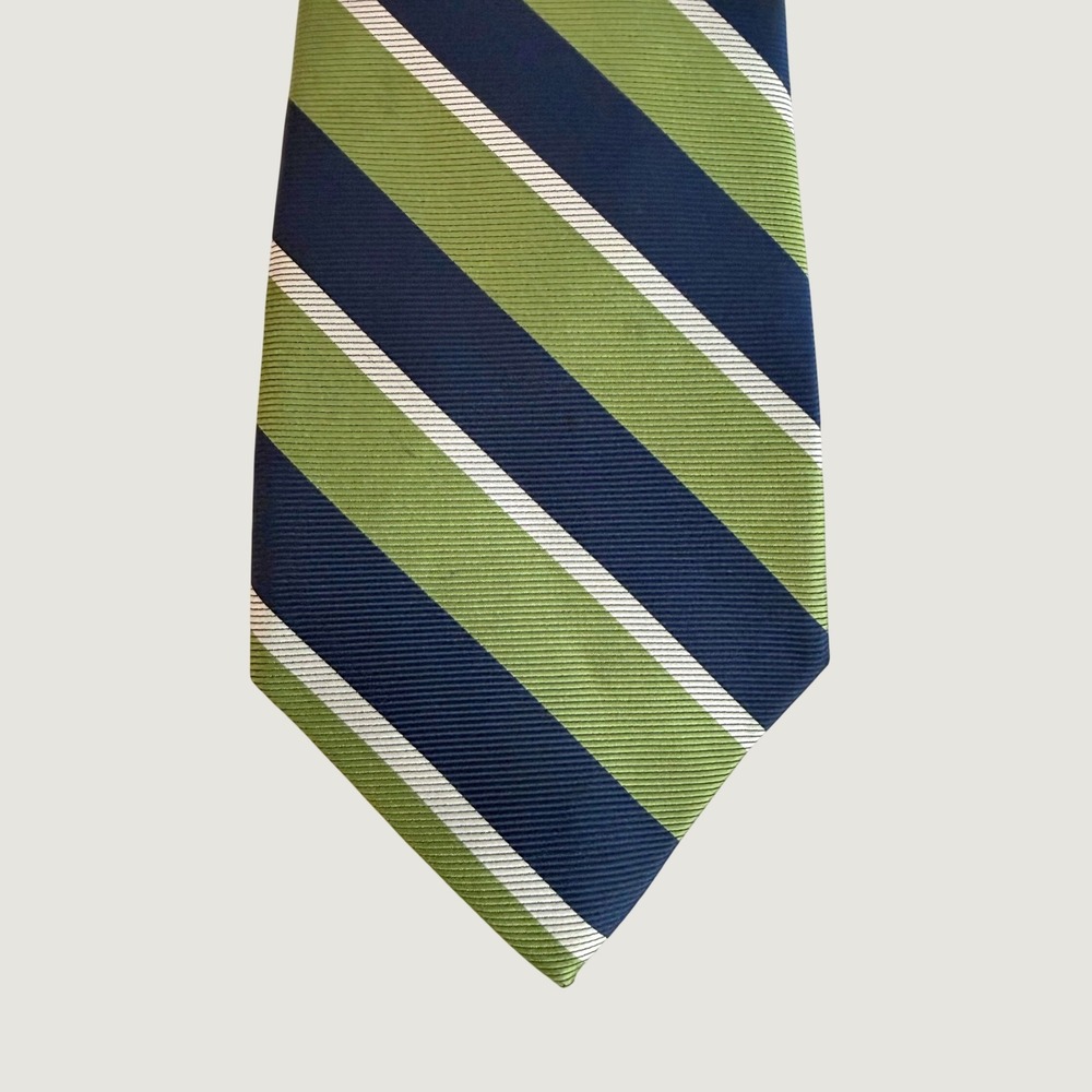 Tom James Executive Collection Silk Tie Navy Blue Olive Green Striped Mens
